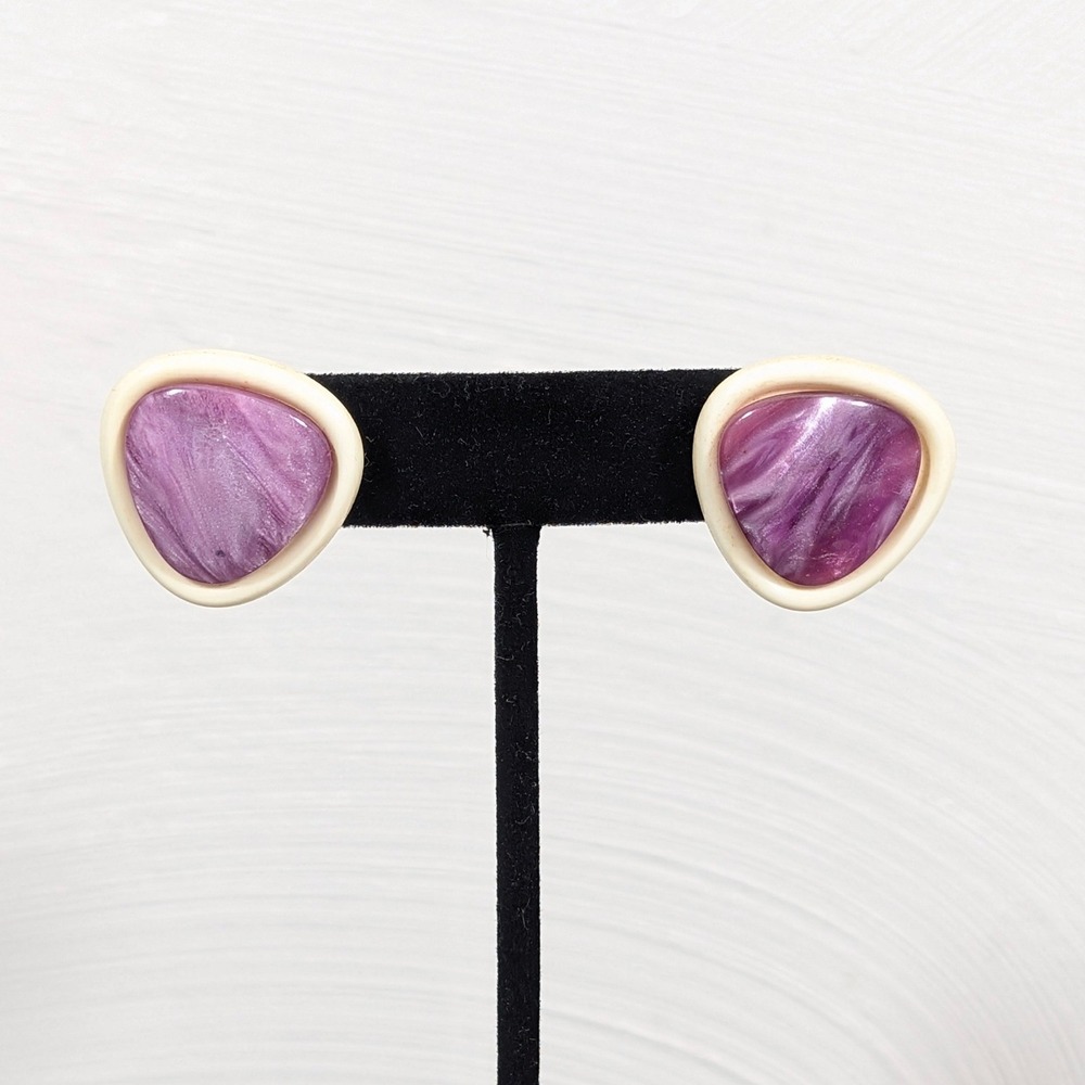 Vintage Purple Swirl Triangle Earrings Cream Acrylic Retro 90s
